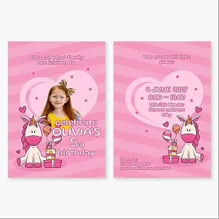 Postcard Template: "Birthday Party Invitation for a 5-Year-Old Girl with a Unicorn and Gifts on a Pink Background"