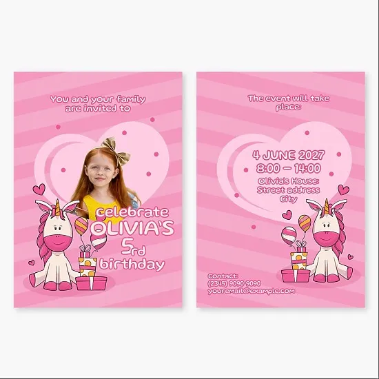 Postcard Template: "Birthday Party Invitation for a 5-Year-Old Girl with a Unicorn and Gifts on a Pink Background"
