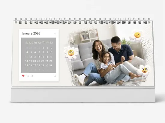 Desk calendar template with a happy family with a daughter in their home with a calendar in a slide from social networks and daisies-smileys