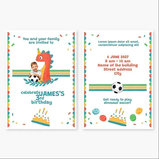 A dinosaur soccer player's 3rd birthday Postcard template