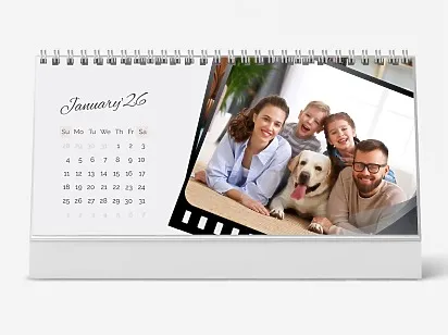 Desk calendar template: "Young family with daughter, son, and dog on film"
