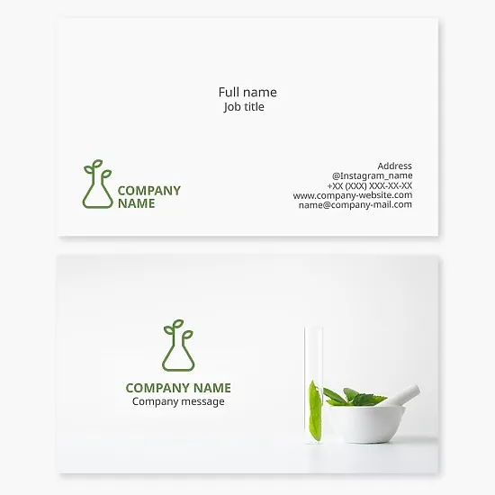 Business card template. Laboratory flask and plant. Plant breeding. Biotechnology. Ecology and environmental protection. Natural products and organic innovations. Agriculture and agronomy. Green chemistry.