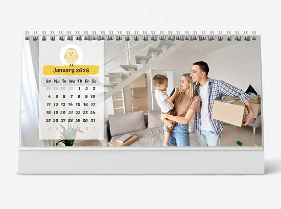 A desk calendar template featuring a happy family with their son in their apartment, complete with animal bookmarks.