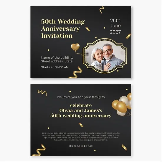Wedding Anniversary Invitation template featuring a photo of the couple with streamers and balloons on a black background.