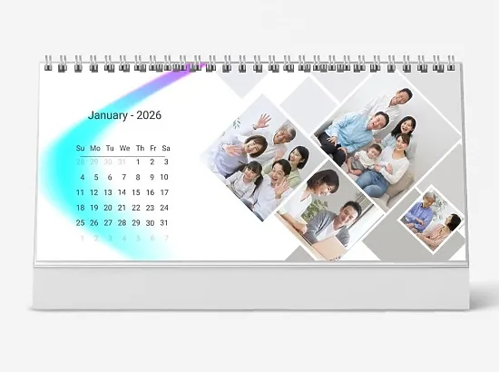 Desk calendar template "Young Family with Daughter and Grandparents" with tilted photos
