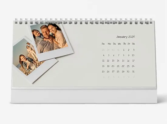 A desk calendar template with Polaroid photos in a minimalist retro style.