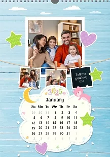 Calendar template Happy family with clouds, stars and hearts in children's style