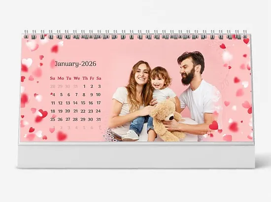 A delicate desk calendar template featuring a young family with a son on a pink background with rose petals.