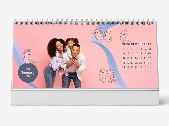 Desk calendar template: "A happy young family with a daughter and little birds"