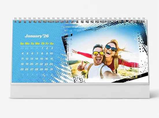 A dynamic desk calendar template featuring a happy young couple passionate about traveling the world.