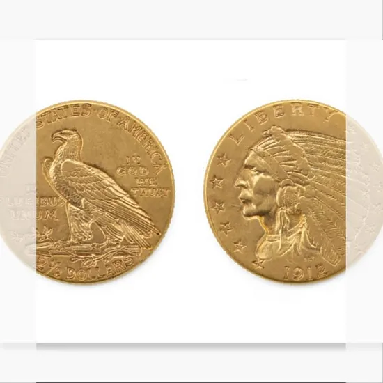Two and a Half Dollars Indian Gold Coin 1912 on White background